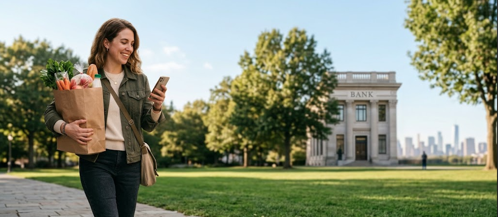 A business owner reviewing her finances on her phone while walking through a city park near a bank building.